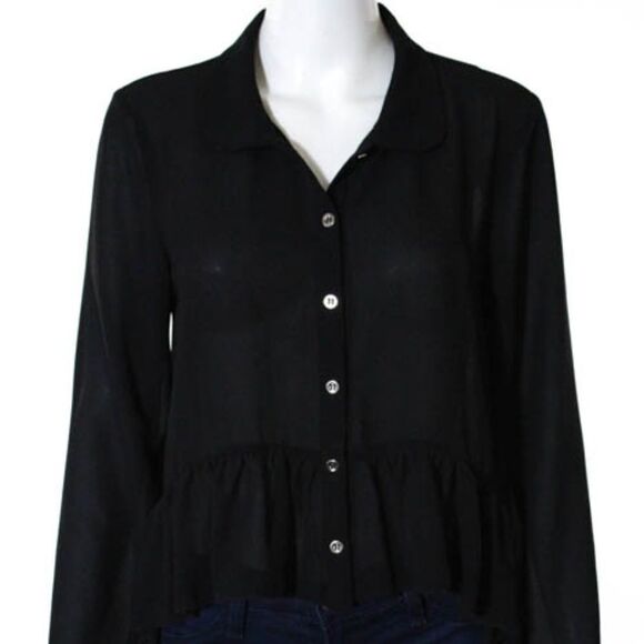 MINKPINK Black LS Ruffled Button Front Blouse XS - Picture 1 of 8